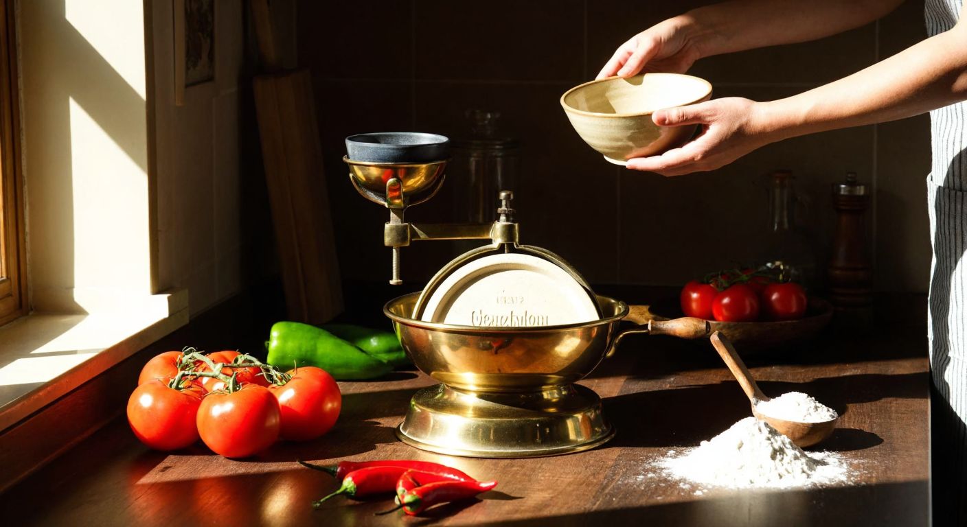 A vintage kitchen scale with a polished brass finish sits on a wooden countertop in a sunlit Turkish kitchen, surrounded by fresh ingredients like tomatoes, peppers, and flour, while a pair of hands carefully places a ceramic bowl on its platform.