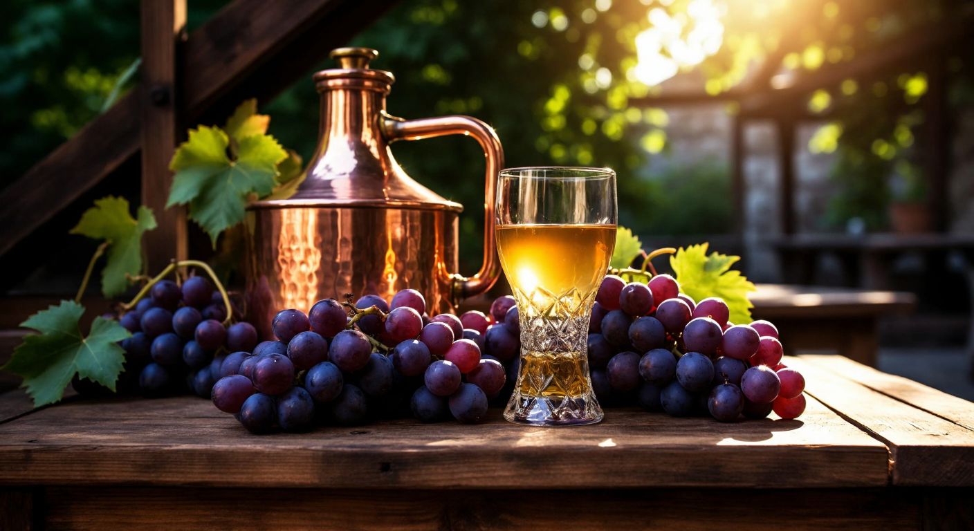 A gleaming copper still surrounded by fresh purple grapes, with a clear glass of golden rakı resting on a rustic wooden table in a sunlit Turkish distillery.