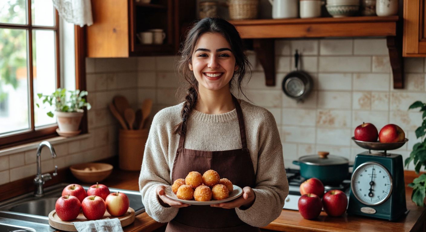 A Turkish woman in a cozy kitchen smiles while holding a small plate of golden-brown apple balls, with fresh apples and a kitchen scale nearby, conveying balance and mindful eating.