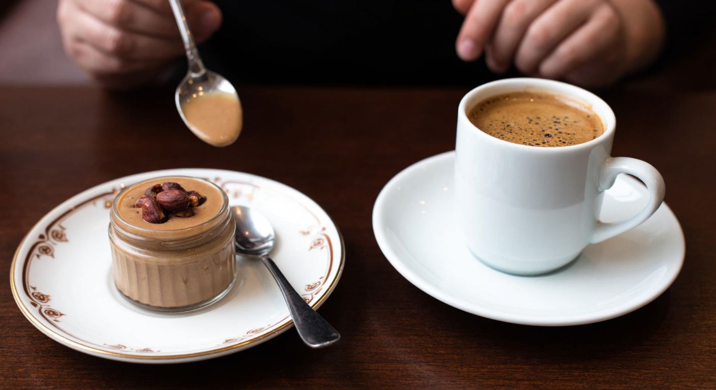 A small spoon of hazelnut cream from Kahve Dünyası rests on a delicate saucer beside a steaming cup of Turkish coffee, with a concerned yet hopeful dieter in the background.