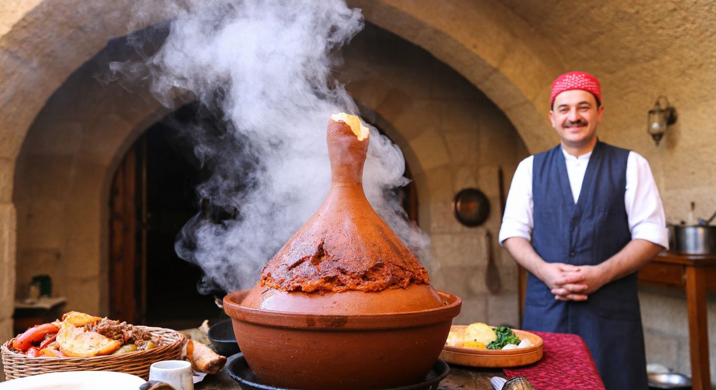 A steaming clay pot of testi kebab cracks open dramatically in a rustic Cappadocian setting, revealing tender meat and vegetables, with a smiling chef in traditional Turkish attire standing proudly nearby.