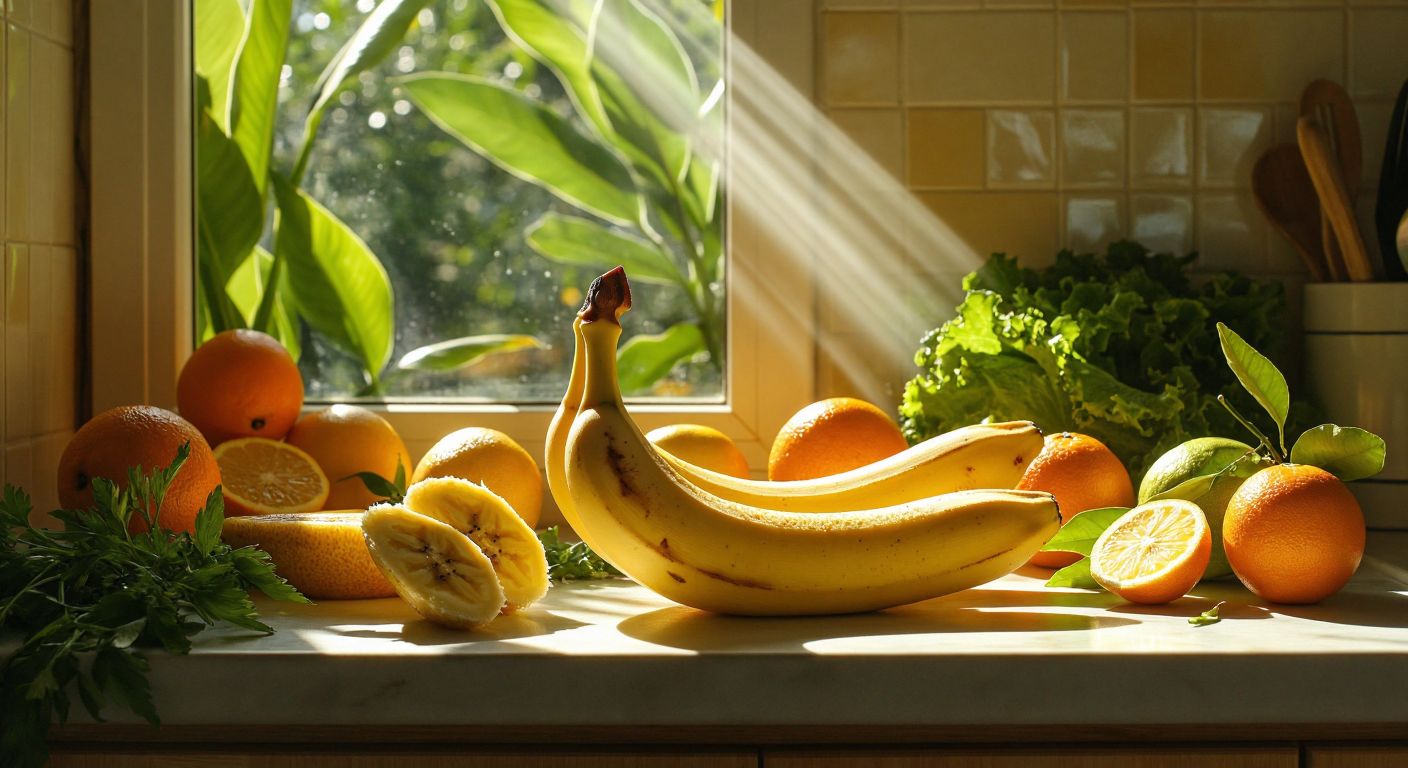 A vibrant, sunlit kitchen counter in Turkey displays a ripe, medium-sized banana sliced open, revealing its creamy flesh, surrounded by fresh citrus fruits and leafy greens to symbolize its vitamin-rich content.