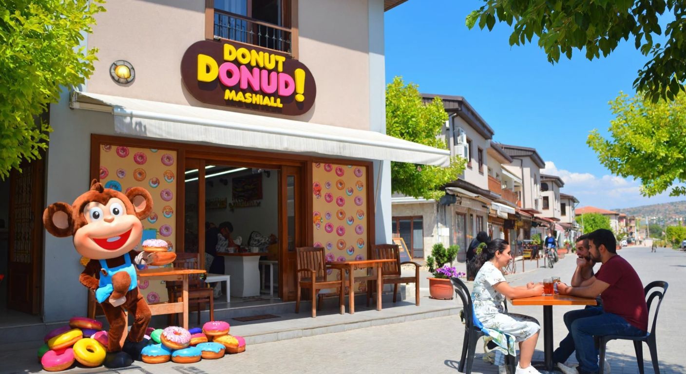 A cheerful donut shop with a playful monkey mascot, nestled on a sunny street in Kızılcaşar Mahallesi, surrounded by locals enjoying colorful donuts and sipping tea.