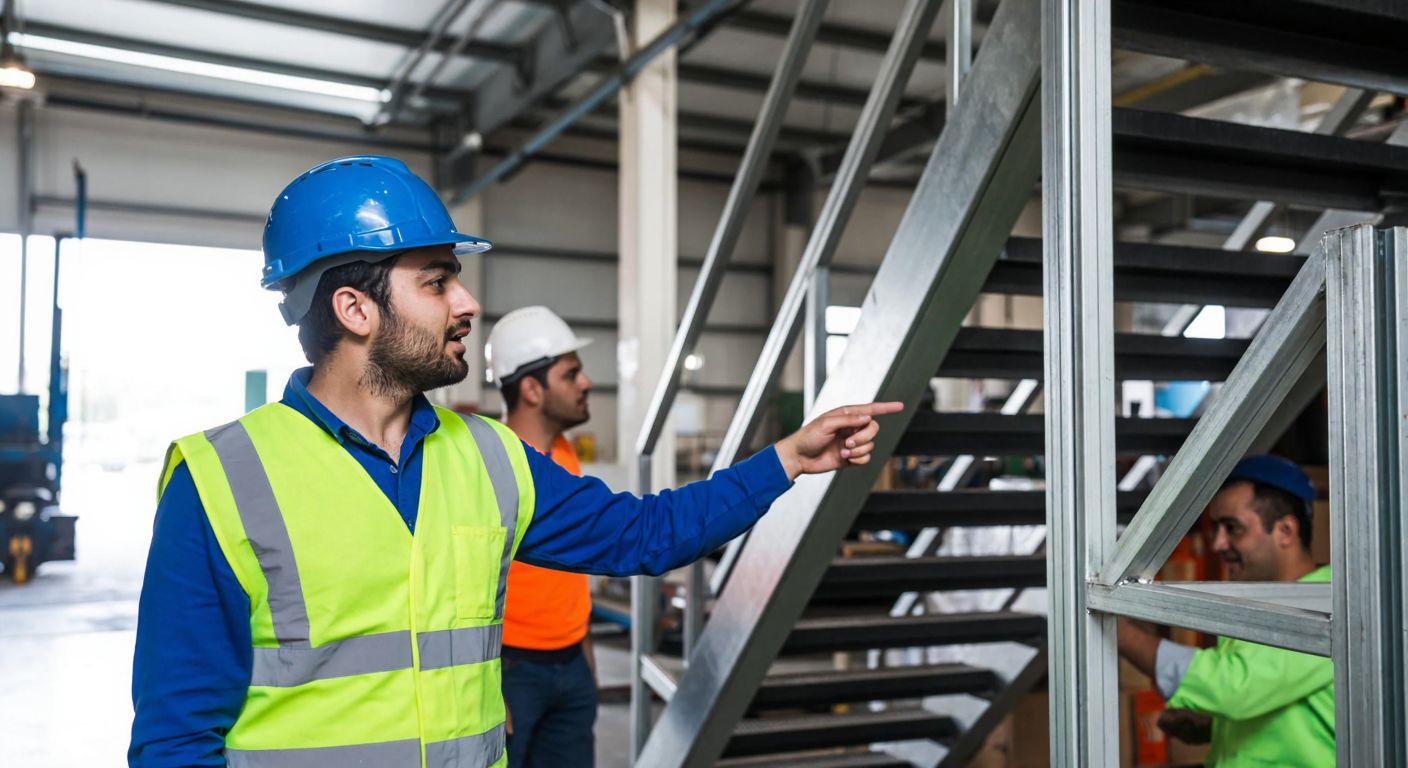 A Turkish worker in a blue hard hat and safety vest stands in a factory, pointing at a sturdy metal railing installed on a warehouse staircase while another worker nods approvingly.