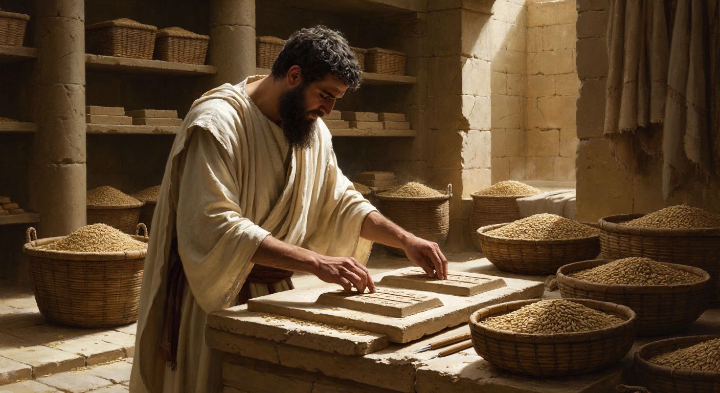 A bearded Sumerian scribe in a flowing robe carefully presses wedge-shaped marks into a damp clay tablet with a stylus, surrounded by stacks of similar tablets and baskets of grain in a sunlit temple storeroom.