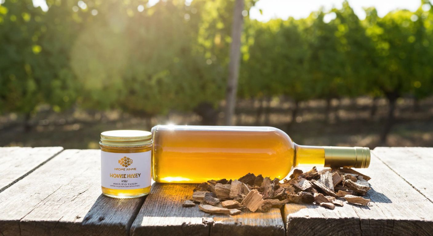 A golden-hued bottle of honey wine resting on a rustic wooden table beside a small jar of honey and oak wood chips, with warm sunlight filtering through a vineyard in the background.