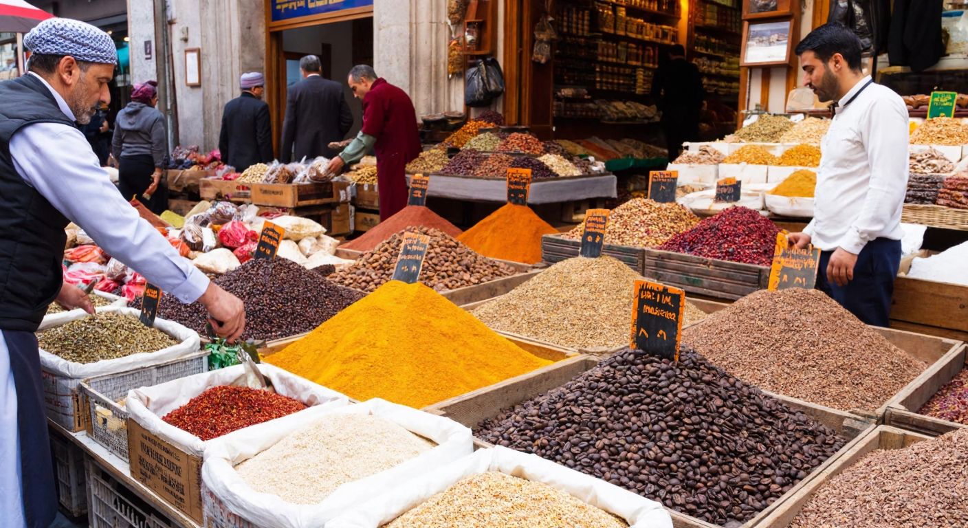 A bustling Turkish spice market with sacks of coffee beans, colorful heaps of dried spices, and crates of nuts, surrounded by merchants in traditional attire weighing goods and customers inspecting products.