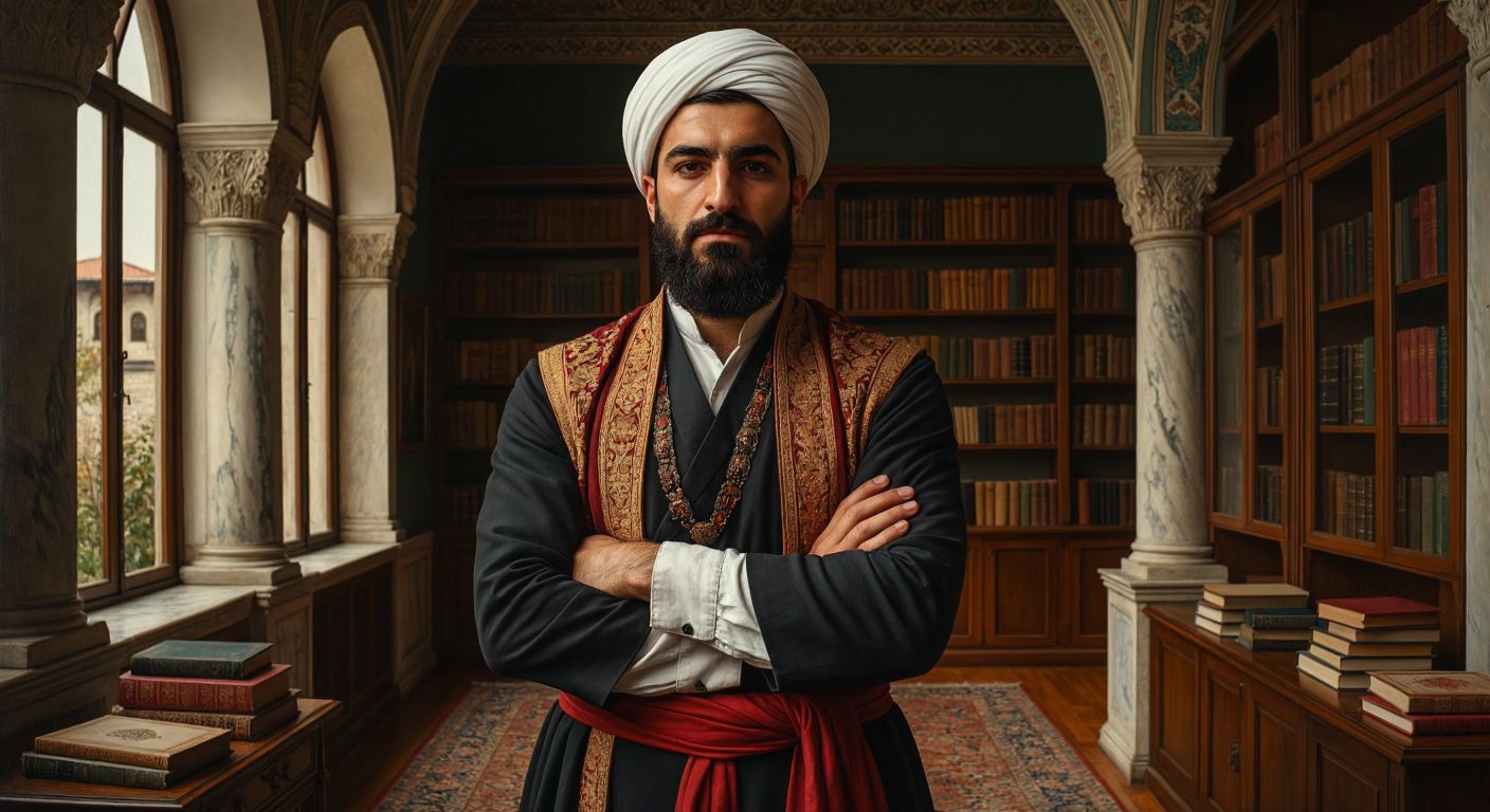 A solemn Turkish scholar in a traditional setting, standing firm with crossed arms in front of an academic institution, his expression resolute yet calm, surrounded by books and classical Ottoman-style architecture.