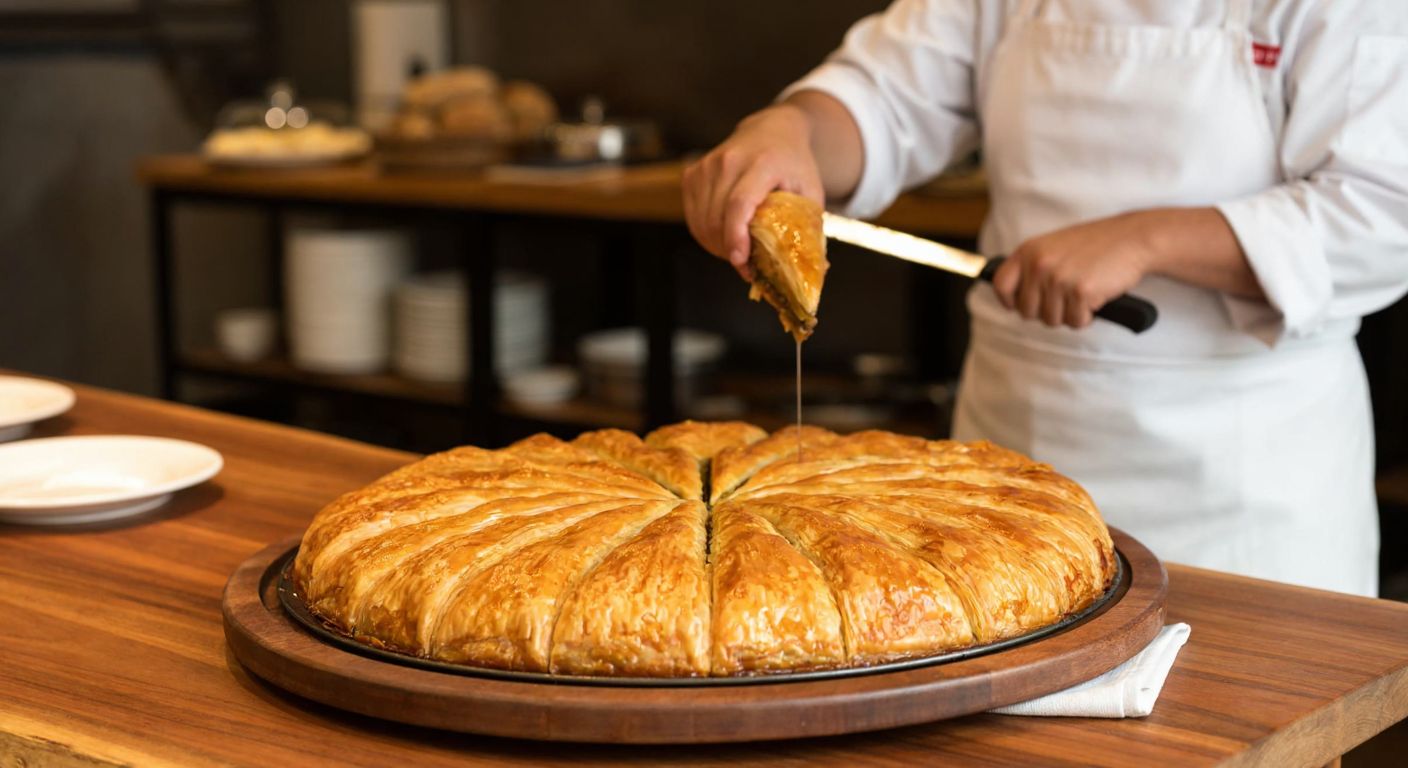 A golden, flaky baklava tray drizzled with syrup, placed on a wooden table in a cozy Ankara bakery, with a smiling chef in a white apron holding a serving knife nearby.