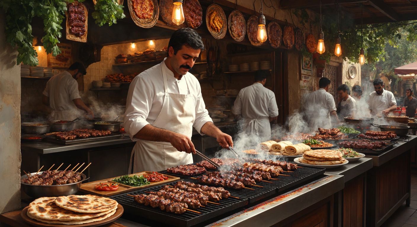 A bustling Turkish kebab restaurant with a mustachioed man in a white apron grilling skewered meat over glowing charcoal, surrounded by steaming plates of kebabs and fresh lavash bread.