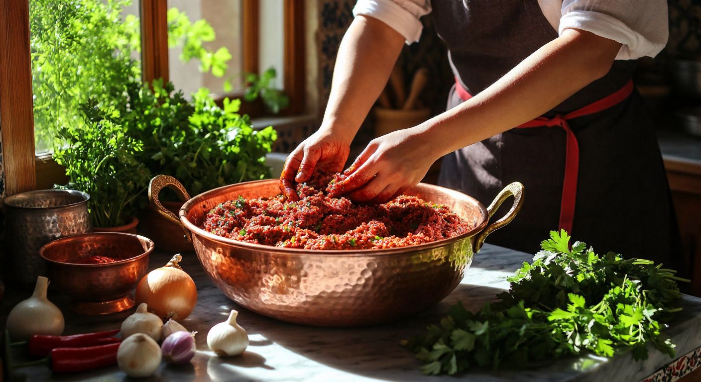 A sunlit Turkish kitchen with a large copper leğen (mixing bowl) filled with vibrant red çiğ köfte paste, surrounded by fresh ingredients like bulgur, parsley, onions, and pul biber, while hands knead the mixture with care.