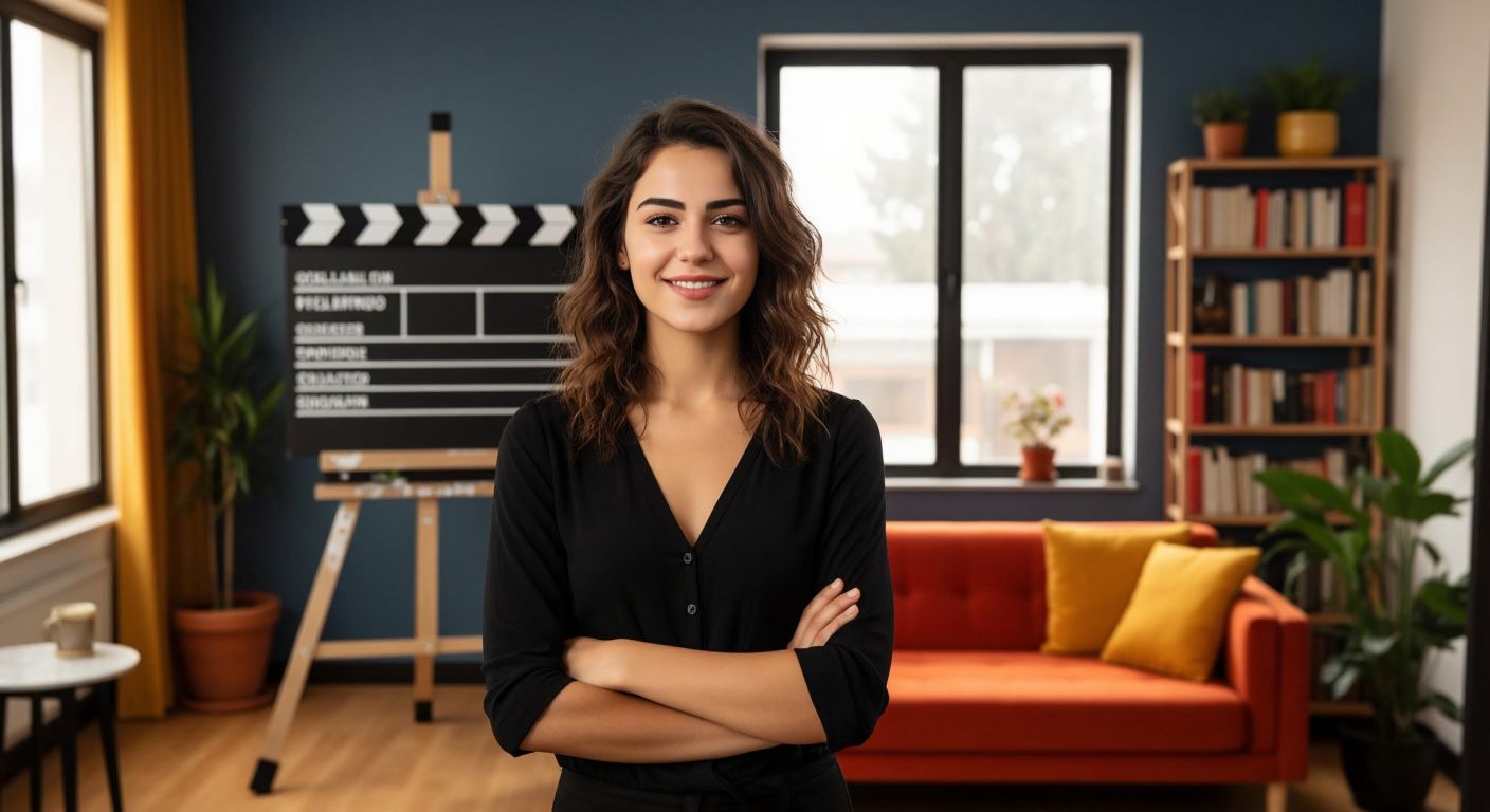 A young Turkish woman with a confident smile stands between two distinct backdrops—one side showing a film set with a clapperboard, and the other side featuring a cozy therapy office with books and a couch.