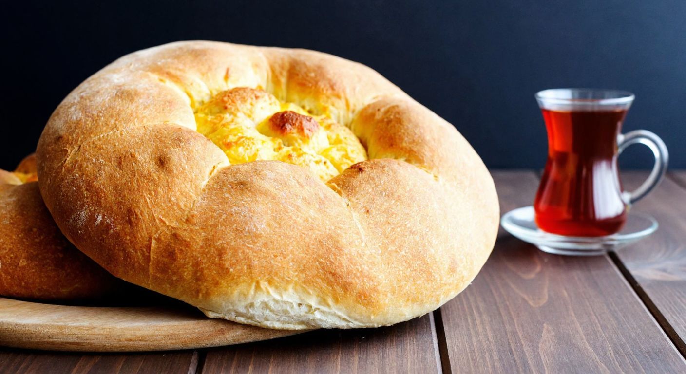 A warm, golden-brown loaf of Balkan-style bread with a crisp crust and soft interior, placed on a wooden table beside a traditional Turkish tea glass.