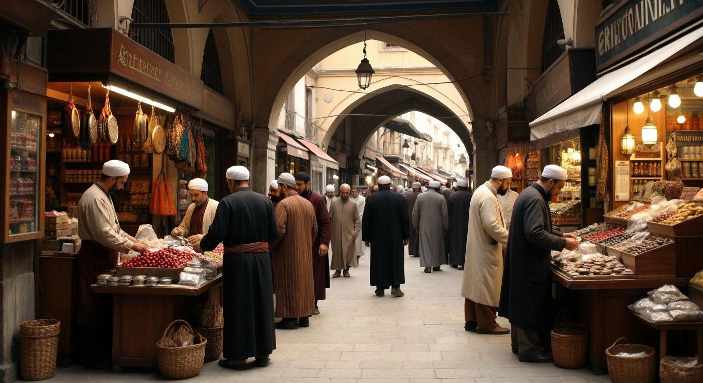 A bustling Turkish bazaar with merchants in traditional attire registering their shops at a wooden counter under a signless archway, conveying compliance and formal business setup.