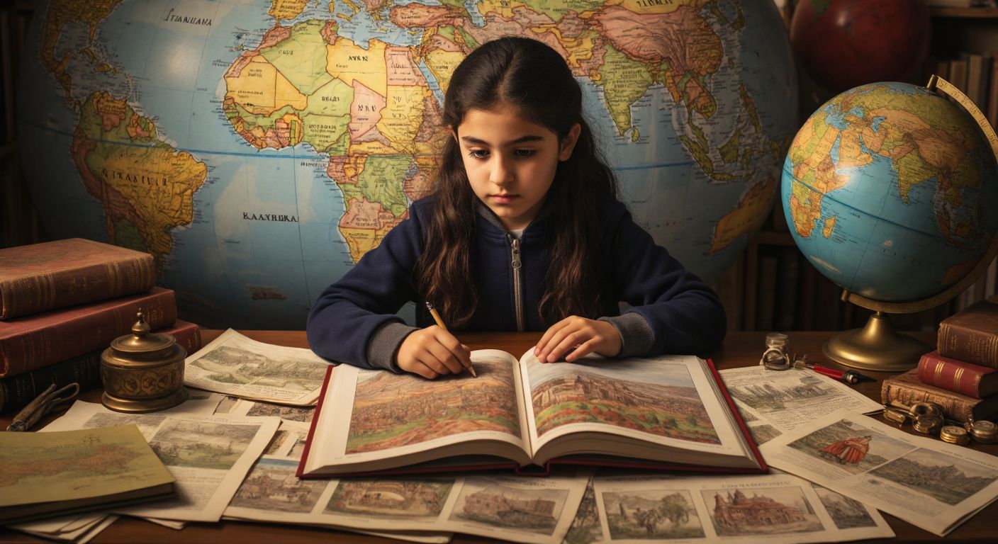A focused Turkish middle-school student studies a colorful textbook with illustrations of historical figures, maps of Turkey, and agricultural fields, surrounded by scattered notes and a globe.