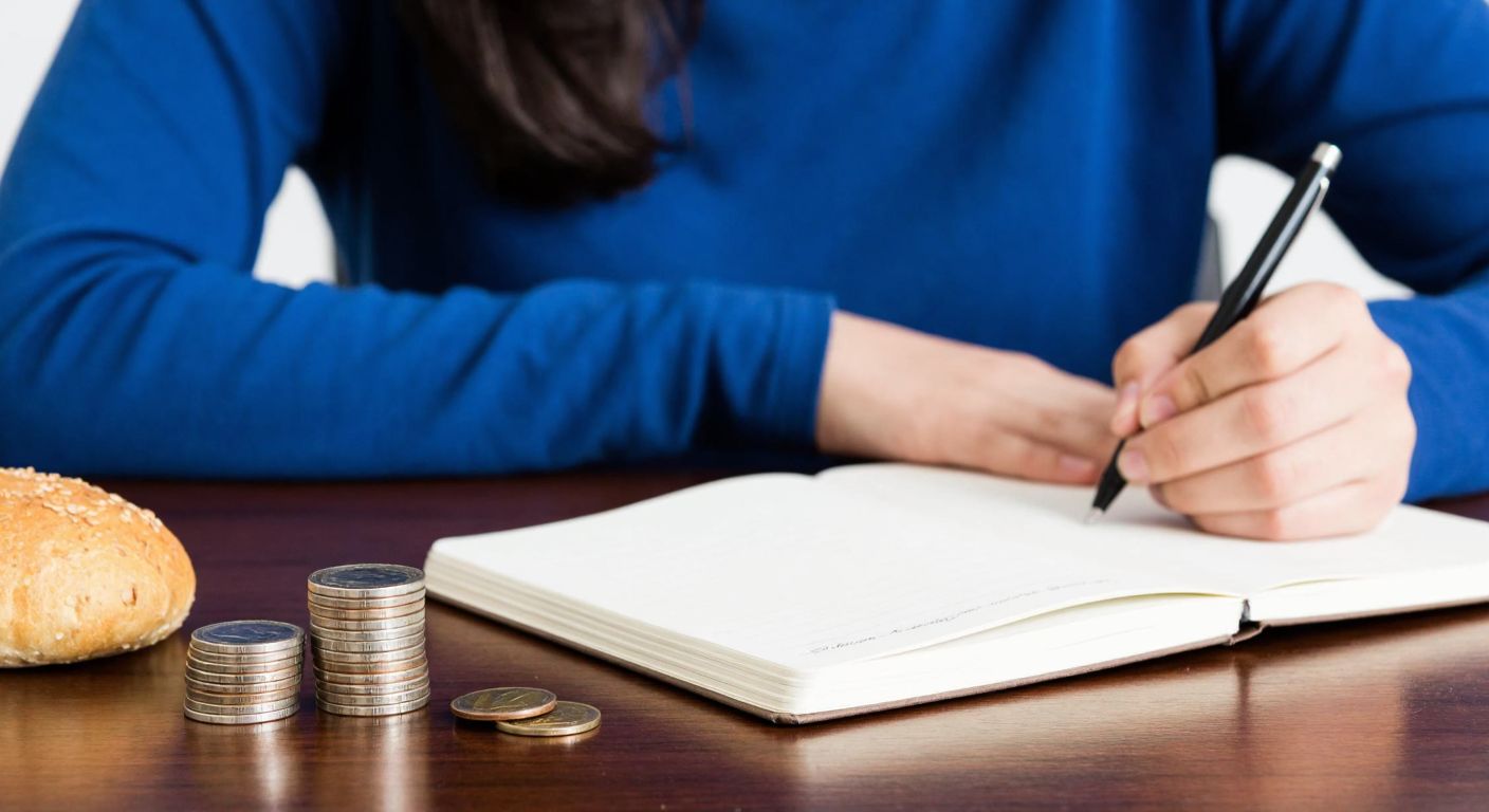 A Turkish student thoughtfully writing at a wooden desk, with a stack of coins and a loaf of bread beside their notebook, symbolizing money's role in basic needs and education.