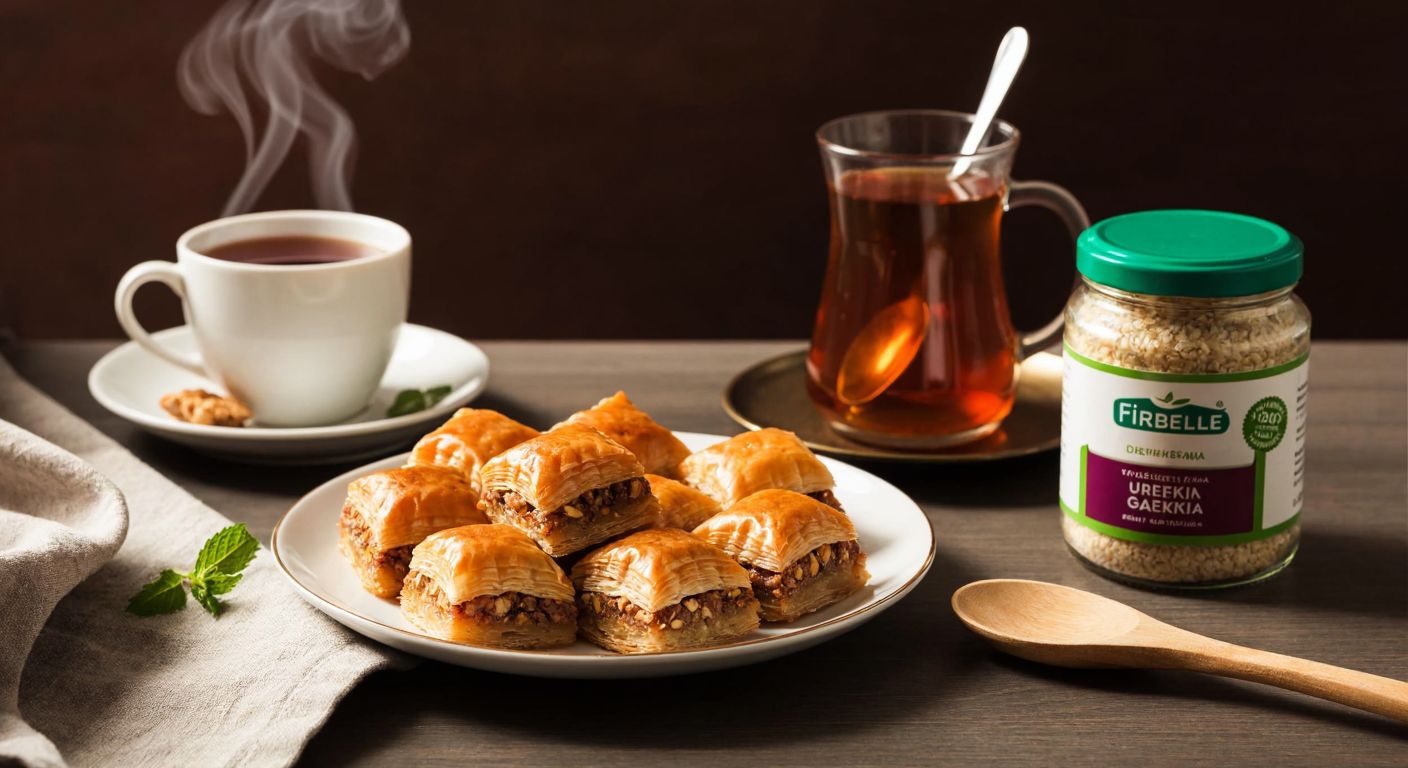 A warm Turkish kitchen with a steaming cup of çay, a plate of golden baklava, and a jar of Fibrelle next to a wooden spoon, evoking a sense of healthy sweetness.