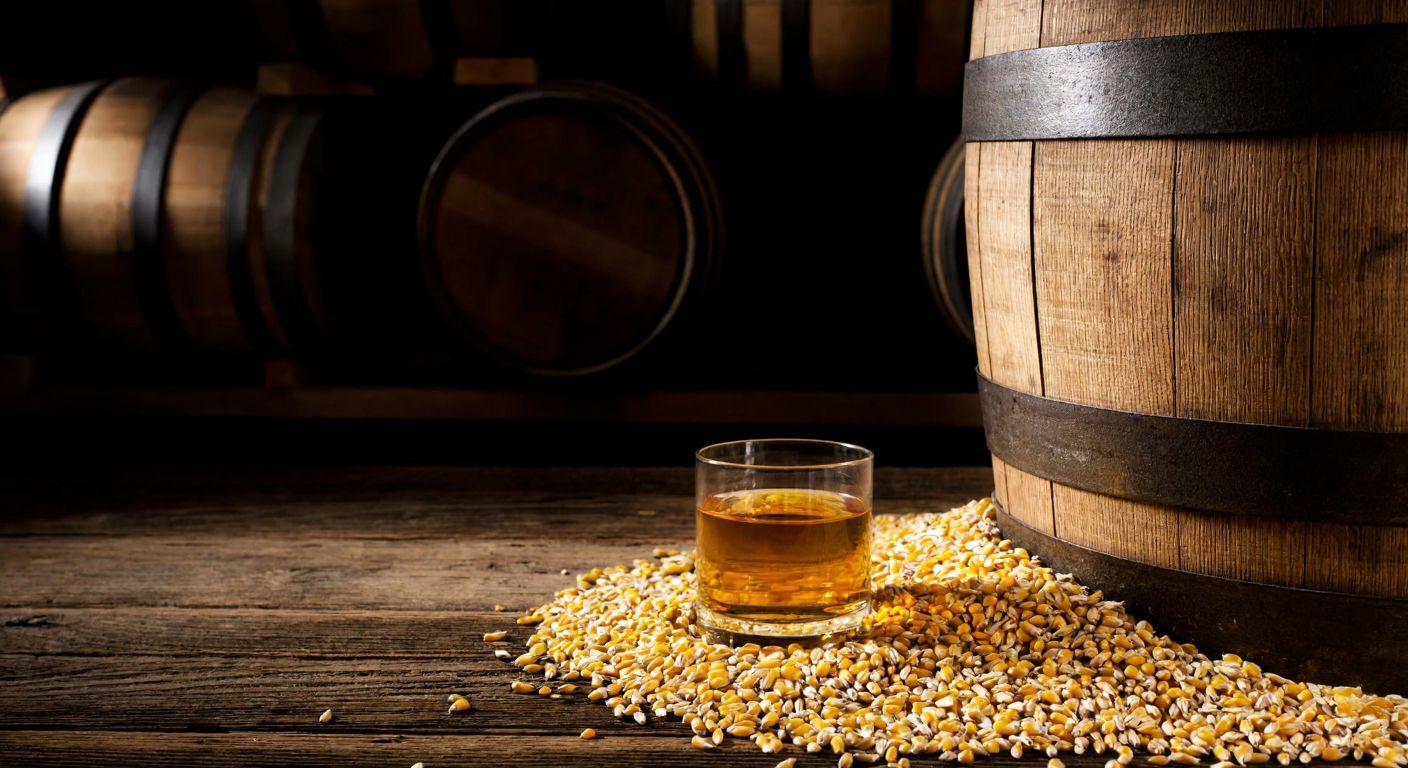 A rustic wooden barrel filled with golden bourbon sits in a dimly lit distillery, surrounded by scattered grains of corn and rye, with a warm amber glow reflecting off the aged oak.