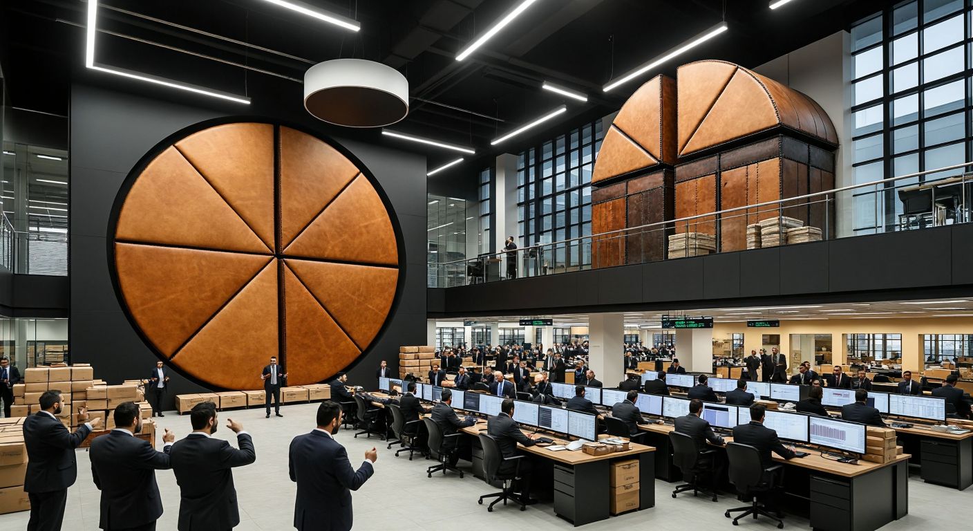 A pie chart with two slices—one large (73%) labeled with a leather factory and one small (27%) labeled with generic buildings—floating over a bustling Turkish stock exchange floor with traders in suits gesturing animatedly.  

**Corrected Image Description (following guidelines):**  

A leather factory with workers crafting goods beside a smaller generic office building, both overlooking a bustling trading floor with suited traders gesturing animatedly.