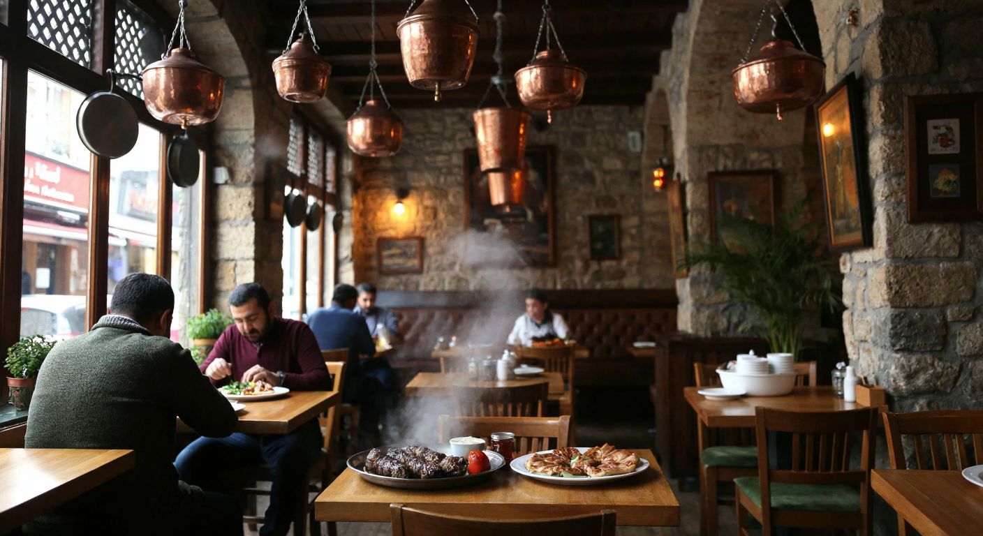 A cozy, warmly lit traditional Turkish restaurant in Istanbul's historic Fatih district, with wooden tables, copper pots hanging on stone walls, and steaming plates of kebabs and baklava being served to smiling patrons.
