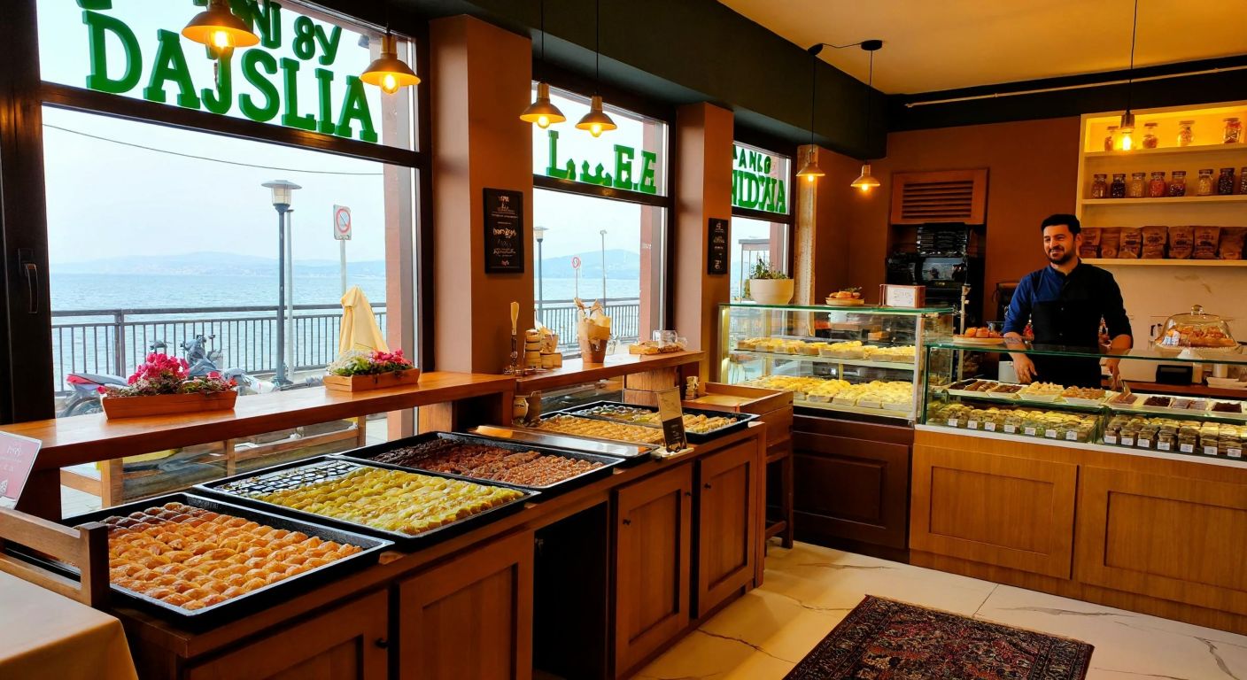 A cozy pastry shop with a warm, inviting interior, filled with trays of baklava and Turkish delight, nestled between bustling streets in Maltepe and a seaside view in Kartal, with smiling locals enjoying sweet treats.