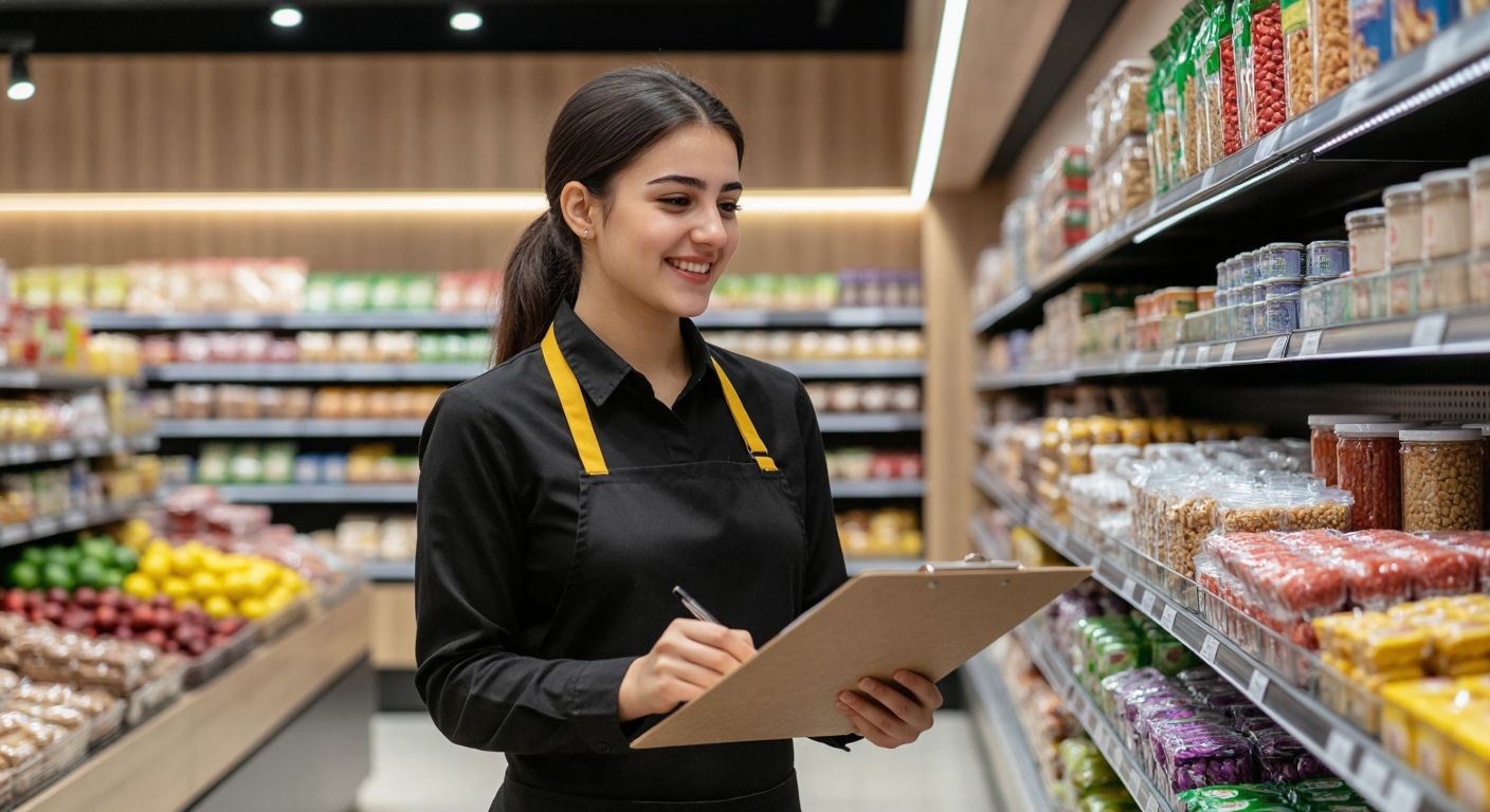 A young Turkish shop employee in a neat uniform carefully arranges colorful packaged goods on a well-lit supermarket shelf, smiling warmly at a customer while holding a clipboard.