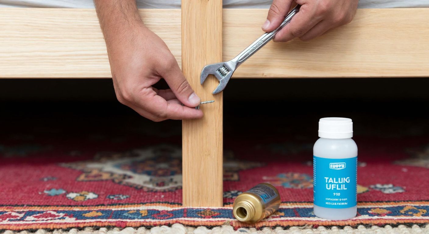 A close-up of a person’s hands tightening a screw on a wooden bed frame with a wrench, while a small bottle of lubricant sits nearby on a woven Turkish rug.