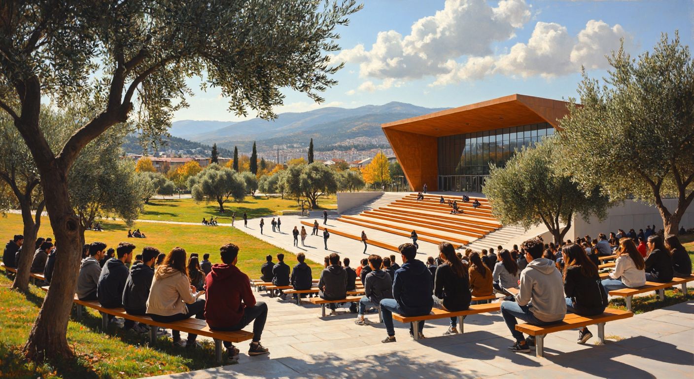 A sunlit university campus in Aydın with students debating near a modern lecture hall, some frowning skeptically while others nod approvingly, framed by olive trees and distant mountains.
