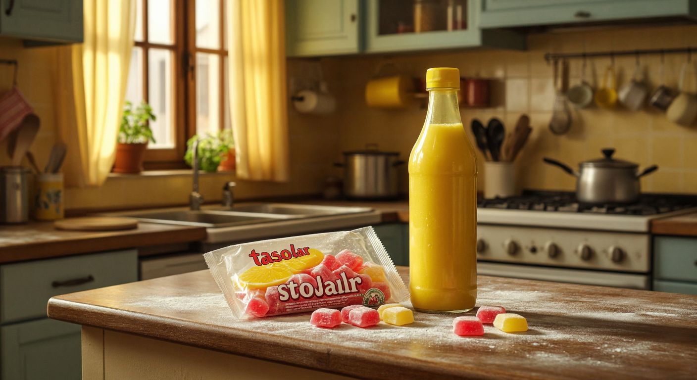 A nostalgic Turkish kitchen scene with a faded, dusty package of *tasolar* candies on a wooden counter next to a bright yellow bottle of lemon sauce, evoking a mix of childhood memories and regulatory change.