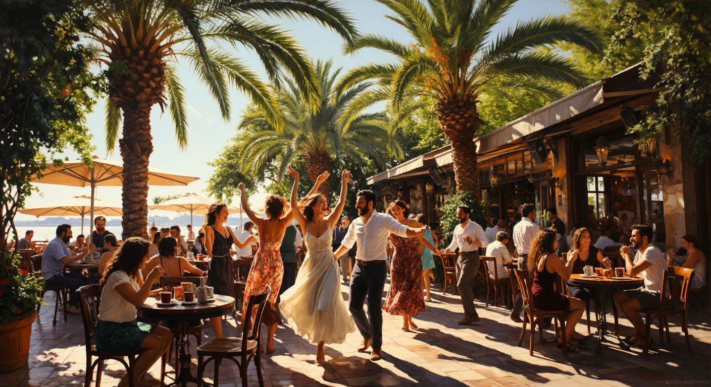 A lively café in Antalya with people dancing joyfully near tables, holding steaming cups of Turkish coffee, under warm sunlight filtering through palm trees.