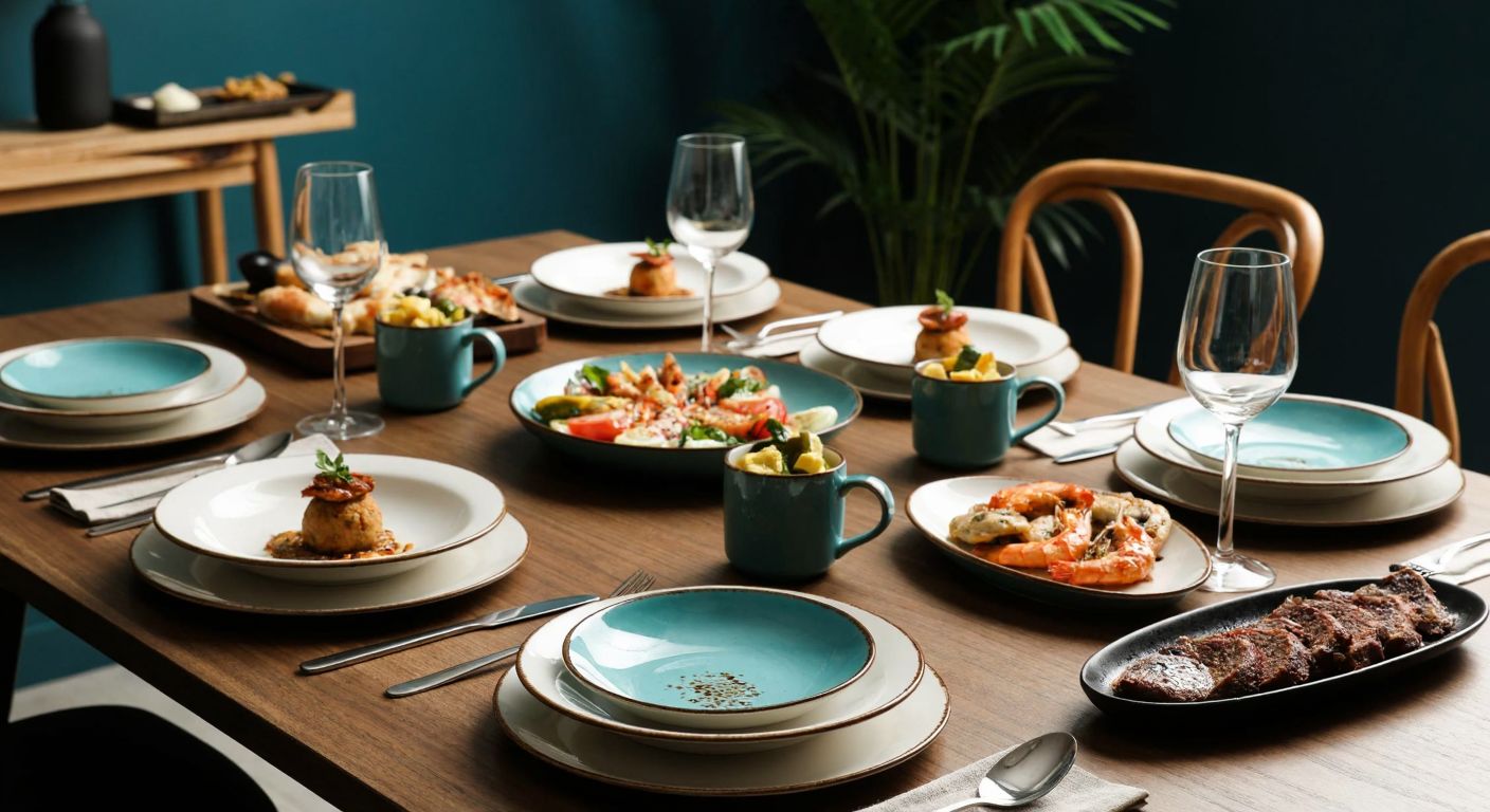 A beautifully set Turkish dining table with elegant Tulu Porselen dishes in turquoise and white, surrounded by steaming plates of traditional food, conveying durability and aesthetic appeal.