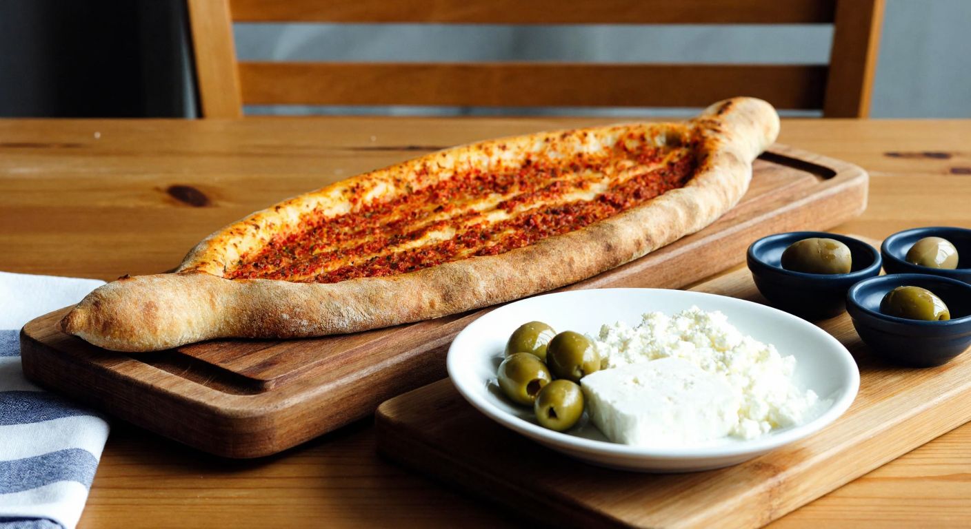A rustic wooden table in a Turkish kitchen holds a freshly baked *katıklı ekmek* (flatbread stuffed with cheese and pepper paste) alongside a small plate of olives and white cheese, evoking warmth and simplicity.