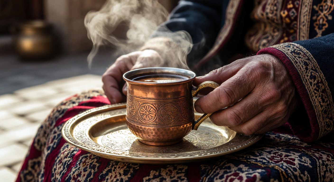 A weathered hand carefully holds a small, handleless copper cup filled halfway with dark Mırra coffee, resting on an ornate brass tray amidst traditional Turkish fabric, with steam rising gently in a sunlit courtyard.