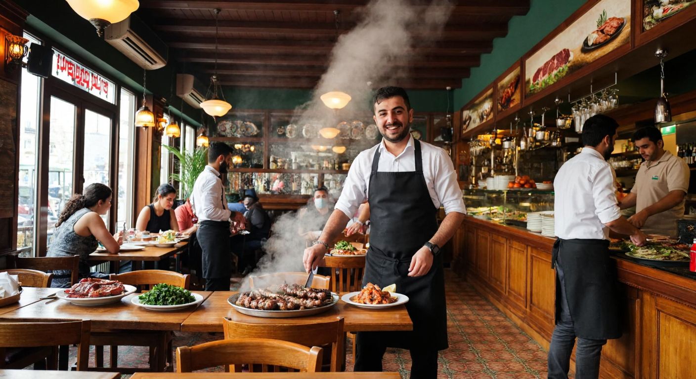 A bustling traditional Turkish meat restaurant with wooden tables, steaming plates of kebabs, and a cheerful waiter shaking his head politely to indicate no alcohol is served.