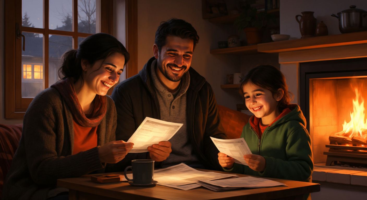 A cozy Turkish family smiles in their warmly lit, insulated home, holding lowered utility bills while a glowing energy-efficient furnace hums quietly in the background.