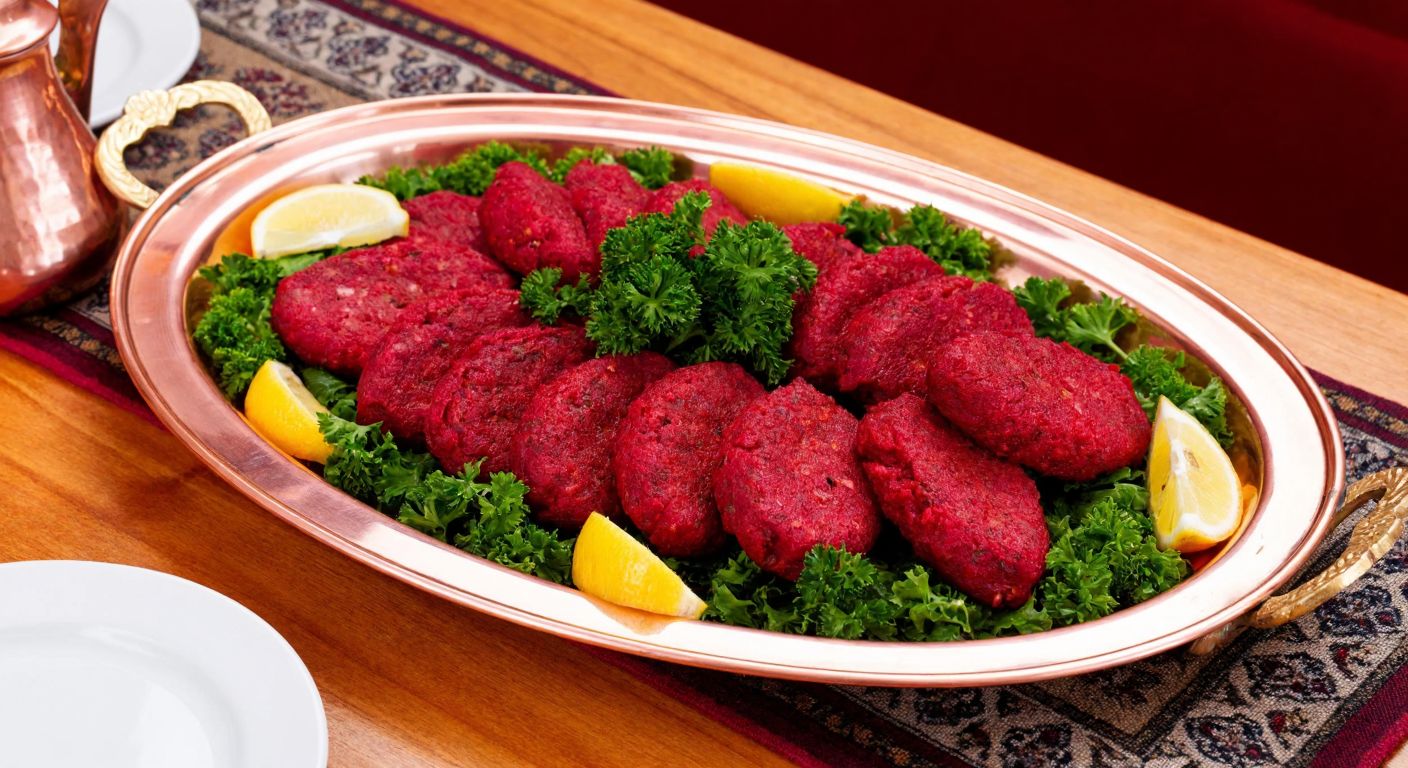 A gleaming copper tray filled with vibrant red çiğ köfte, surrounded by fresh parsley and lemon wedges, resting on a traditional Turkish wooden table with a warm, inviting glow.