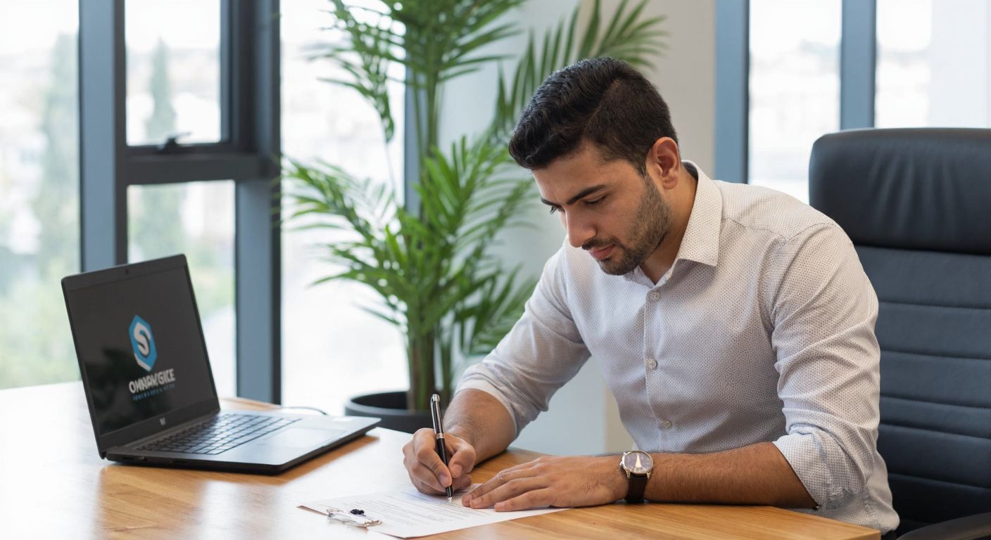A young professional in a neat shirt sits at a wooden desk in a bright Turkish office, carefully filling out a paper form with a pen while a laptop displaying a company logo sits open beside them.