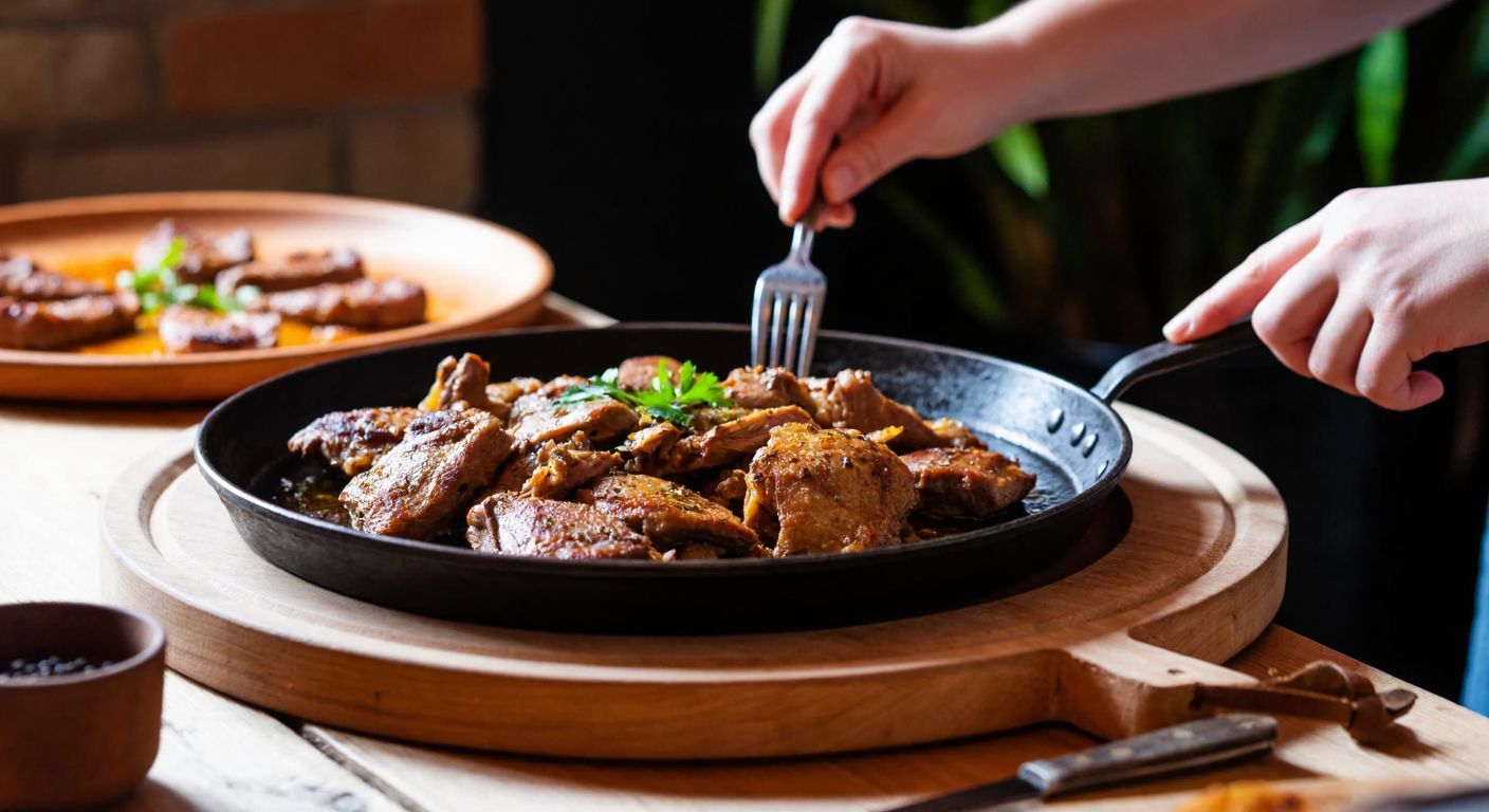 A rustic wooden table in a Turkish countryside kitchen holds a sizzling pan of golden-brown hare meat, garnished with fresh herbs, while a hand reaches in with a fork to taste, surrounded by warm, inviting light.