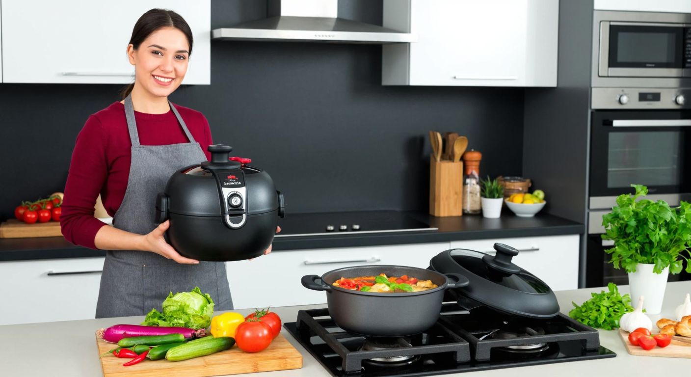 A modern Turkish kitchen with a smiling woman in an apron holding a Tefal Actifry, surrounded by fresh vegetables and a sizzling pan from the Titanium series on a stove, conveying health and joy in cooking.