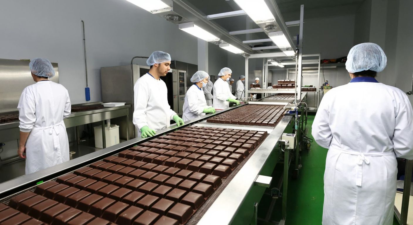 A modern Turkish chocolate factory in Düzce with neat rows of Cocowiss chocolate bars on a conveyor belt, surrounded by workers in white uniforms and hairnets.
