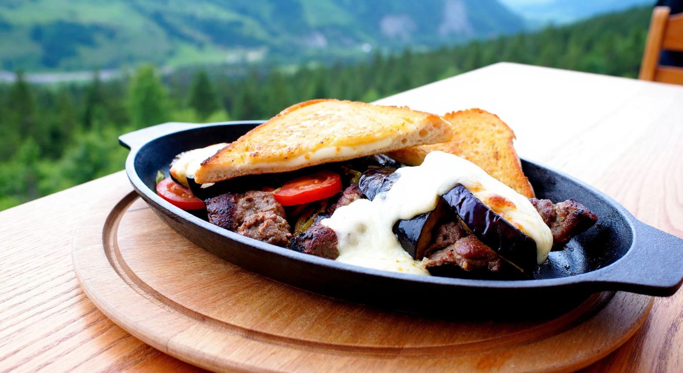 A sizzling plate of Abant Kebab, featuring grilled eggplant, tender meat, and melted cheese atop crispy toasted bread, served on a rustic wooden table with a view of lush green mountains in the background.