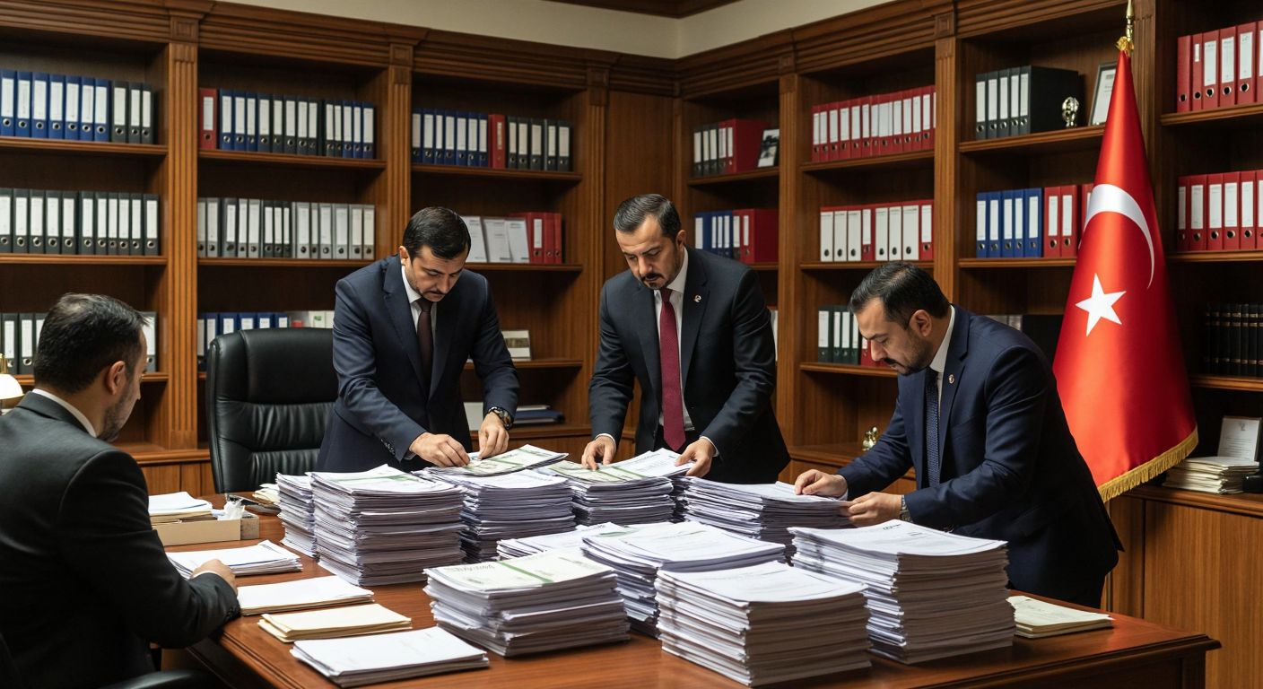 A Turkish government office with officials in formal attire managing stacks of documents, counting money, and organizing files, set against a backdrop of shelves filled with labeled folders and a large Turkish flag.