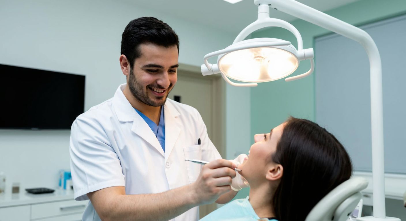 A smiling Turkish dentist in a white coat gently examines a patient's teeth under a bright dental lamp in a clean, modern clinic.