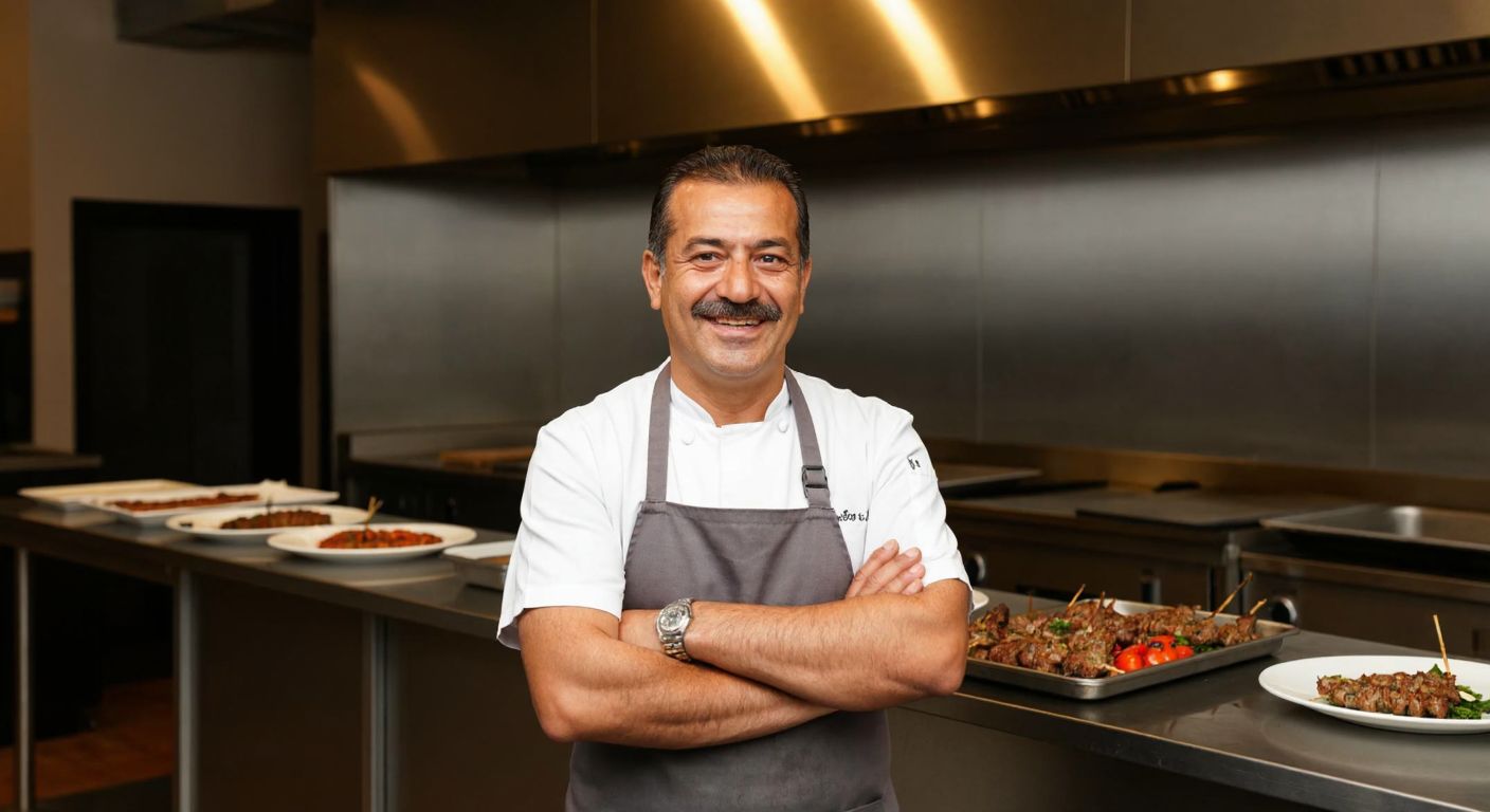 A middle-aged Turkish man with a warm smile, wearing a chef's apron, stands proudly in front of a modern restaurant kitchen with stainless steel countertops and plates of sizzling kebabs.