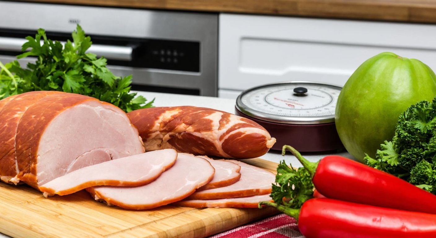 A Turkish kitchen counter with neatly arranged slices of smoked turkey and ham on a wooden cutting board, alongside fresh vegetables and a small scale, conveying a balanced diet theme.