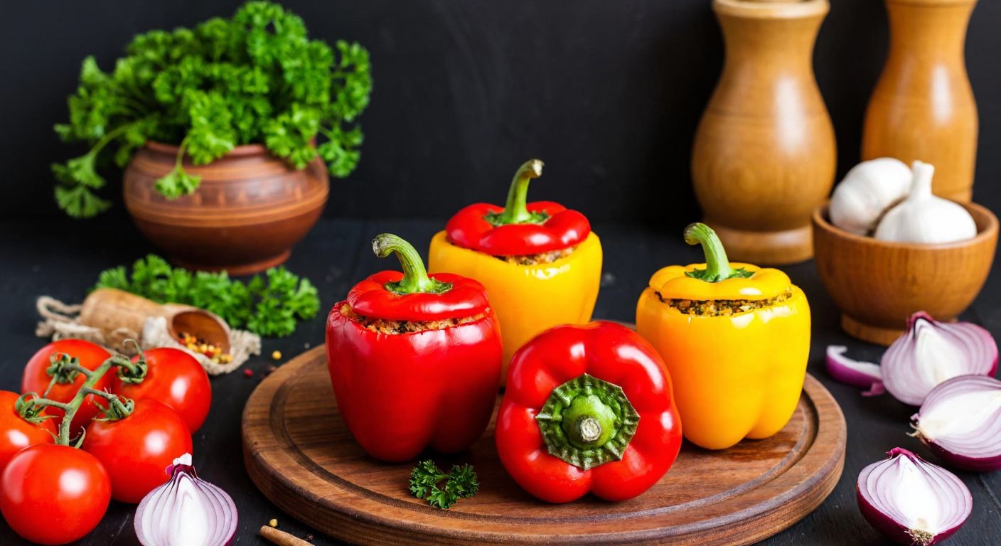 A vibrant Turkish kitchen scene with a wooden table displaying freshly stuffed bell peppers filled with fine bulgur, parsley, and spices, surrounded by colorful ingredients like tomatoes and onions, evoking warmth and tradition.