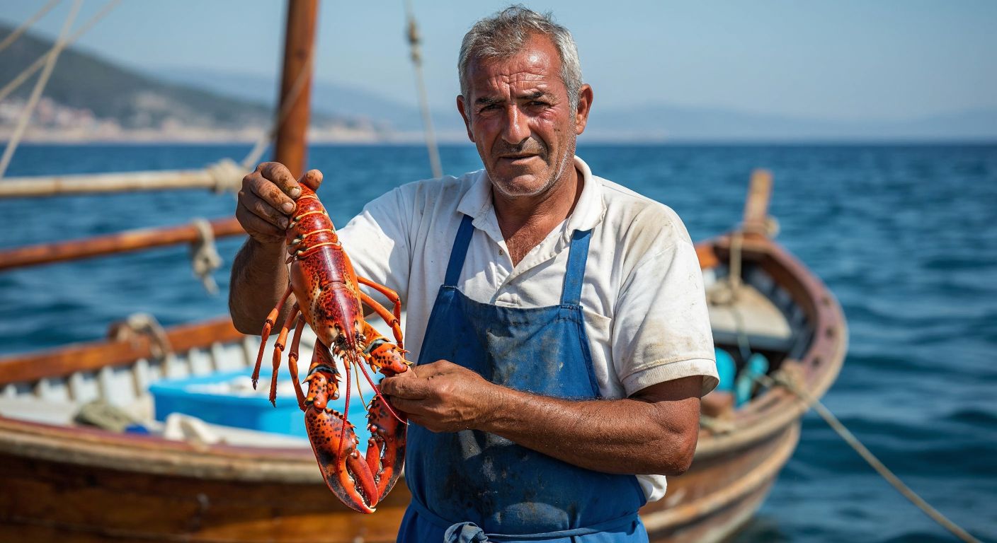 A weathered Turkish fisherman in a blue apron carefully holds up a large, vibrant red lobster against the backdrop of a wooden fishing boat on the Aegean coast, his face showing both pride and exhaustion.
