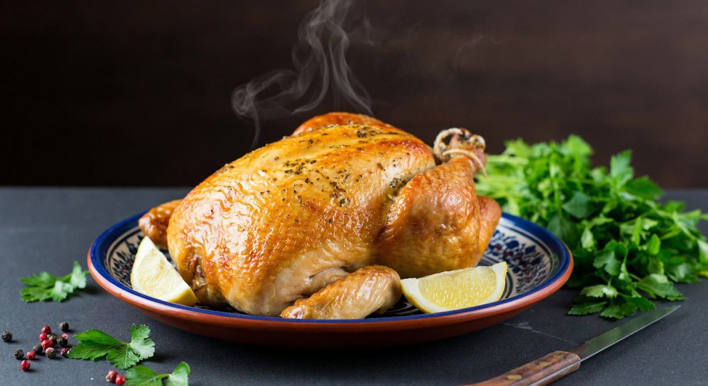 A plump, golden-brown roasted Sasso chicken resting on a traditional Turkish ceramic plate, surrounded by fresh herbs and lemon wedges, emitting steam and a savory aroma.