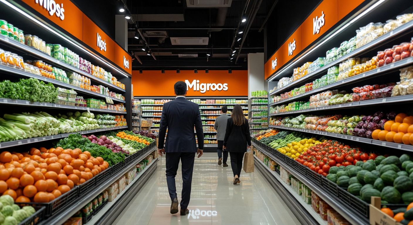 A bustling Migros supermarket in Turkey with shelves stocked with fresh produce, a Koç Holding logo subtly displayed on a wall, and a well-dressed Turkish businessman in a suit confidently overseeing the store.