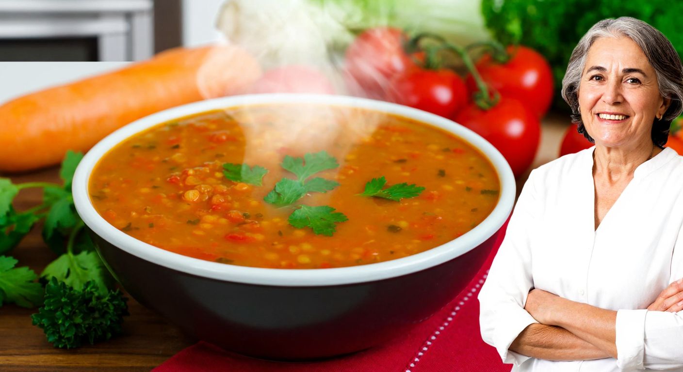 A steaming bowl of Turkish lentil soup with fresh herbs, surrounded by vibrant vegetables and a smiling elderly woman in a cozy kitchen, exuding warmth and nourishment.